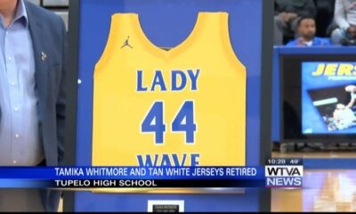 Tamika Whitmore and Tan White get their jerseys retired at Tupelo High School