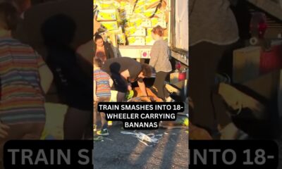 BANANAS! Train slams into 18-wheeler carrying bananas #gulfport #caughtoncamera #trains