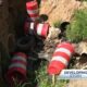 Huge hole with plant growth, barrels mars Jackson street