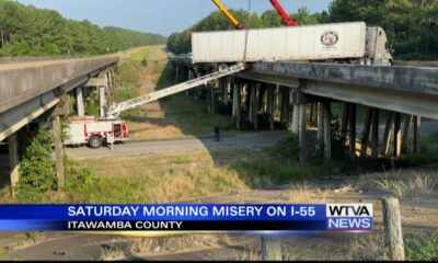 Part of semi-truck hung off bridge in Itawamba County Saturday morning