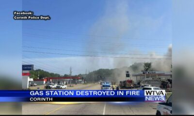 Fire damaged gas station in Corinth