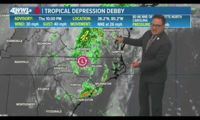 Thursday 10PM Tropical Update: Depression Debby continues to bring rain along East Coast