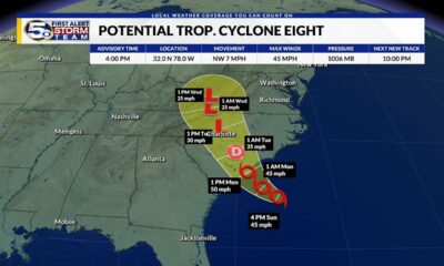 Potential Tropical Cyclone Eight to bring isolated flash flooding to the Carolinas (Sunday 4pm)