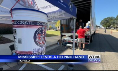 Semi-truck set up in front of Tupelo City Hall for hurricane donations