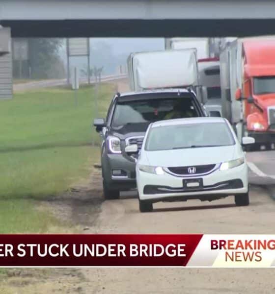 Truck gets stuck under an overpass