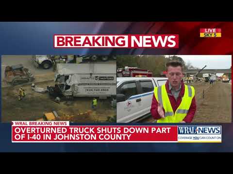 Moving truck overturns, blocking I-40 in Johnston County