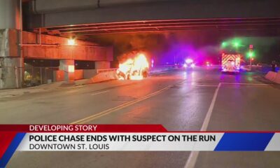 Police chase ends in fiery crash in downtown St. Louis, suspect flees