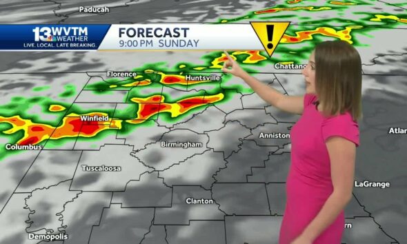 Heavy storms will move into Alabama Sunday night, with a limited severe risk of strong winds and ...